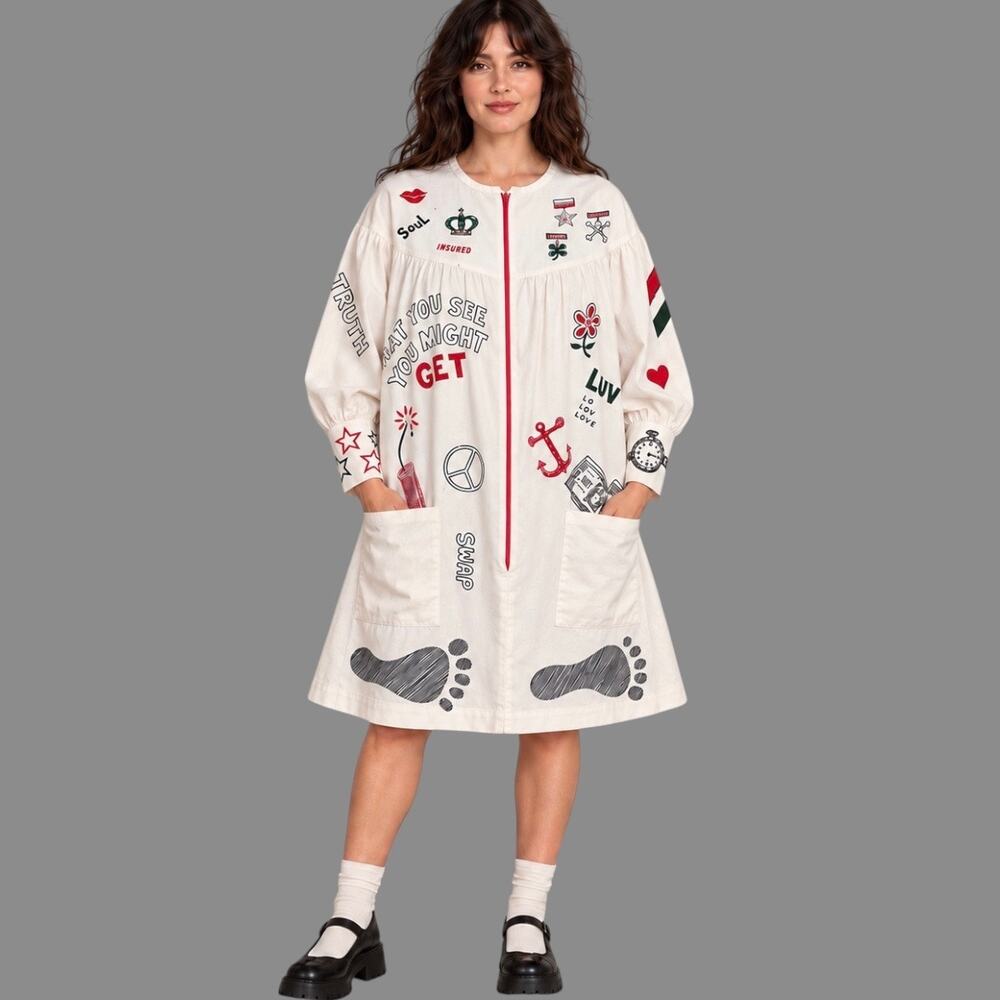 RARE Vintage 70s Novelty Print House Dress Hand Printed Loungewear Smock Large -